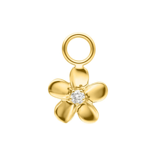 Goldener Blumenanhänger mit fünf Blütenblättern und einem mittigen Zirkoniastein auf weißem Hintergrund
