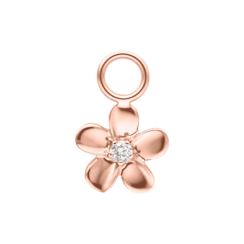 Roségoldener Blumenanhänger mit Zirkonia auf weißem Hintergrund