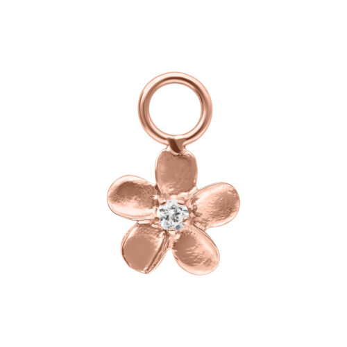 Blumenförmiger Anhänger aus Roségold mit klarem Kristall auf weißem Hintergrund