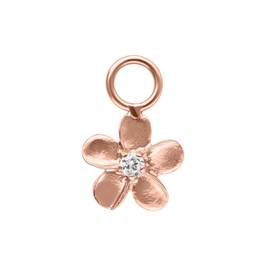 Blumenförmiger Anhänger aus Roségold mit klarem Kristall auf weißem Hintergrund