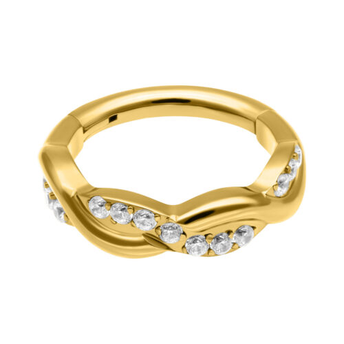 Goldener Piercing-Ring mit klaren Kristallen, geschwungenes Design auf weißem Hintergrund