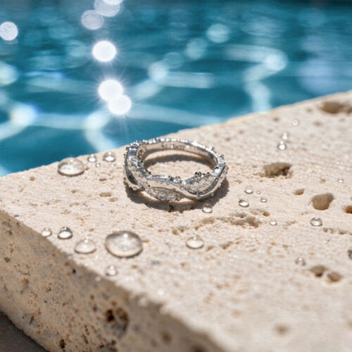 Weißgoldener Ring mit Kristallen auf Steinoberfläche, vor einem Pool