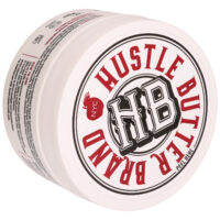 Runde Dose Hustle Butter Deluxe mit rotem und schwarzem Logo, weißer Hintergrund
