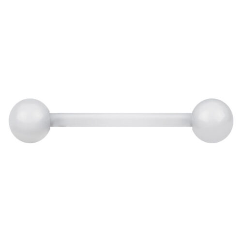 Klares Barbell Piercing aus Bioplast mit zwei Kugeln vor weißem Hintergrund
