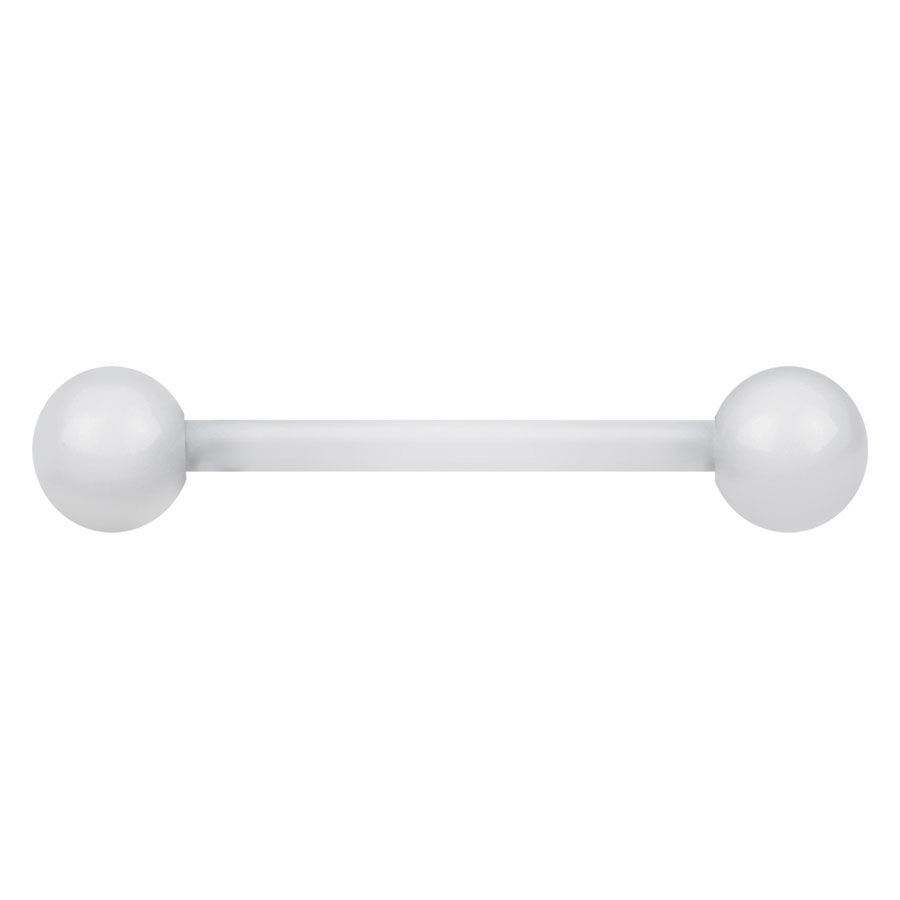 Klares Barbell Piercing aus Bioplast mit zwei Kugeln vor weißem Hintergrund