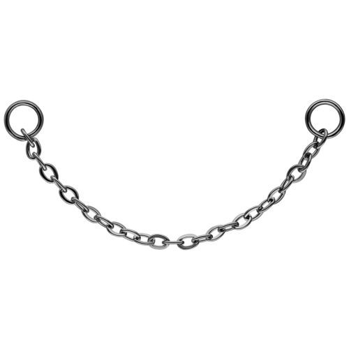 Schwarze Metallkette mit zwei Ringen auf weißem Hintergrund